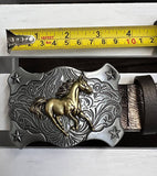 GOLDEN HORSE RIDER BUCKLE & HORSE PRINT. BLT-10322
