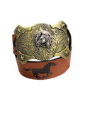 HORSESHOE ON GOLD BUCKLE & HORSE PRINT. BLT-10323