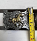 GOLDEN HORSE RIDER BUCKLE & HORSE PRINT. BLT-10322