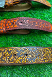 DEMASK STENCIL PRINT ON RED TONE BELT WITH LONGHORN ARROWN