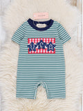 Green Striped Embroidered USA Romper